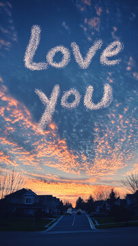 Glowing 'Love You' text in the clouds over a peaceful suburban street at sunset with soft orange and pink sky