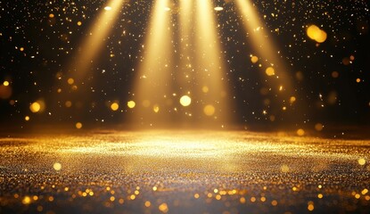 Fototapeta premium golden confetti rain on festive stage with light beam in the middle, empty room at night mockup with copy space for award ceremony, jubilee, New Year's party or product presentations