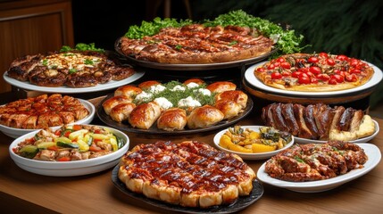 Fototapeta premium Assorted Gourmet Pizzas and Savory Dishes on Wooden Table, AI