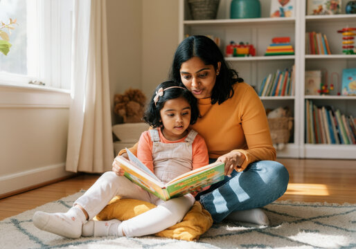 Indian mother is bonding with her daughter while reading her a book in their play room
