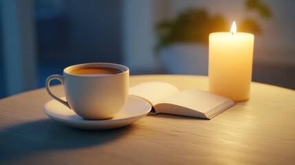 Fototapeta premium Cozy Evening with Tea, Candlelight, and Open Book, AI
