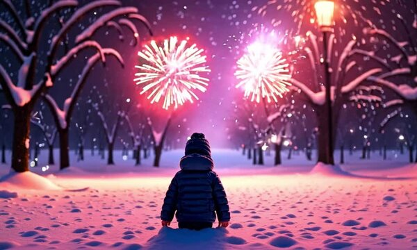 Child in Awe Watching Fireworks Display on a Snowy Night