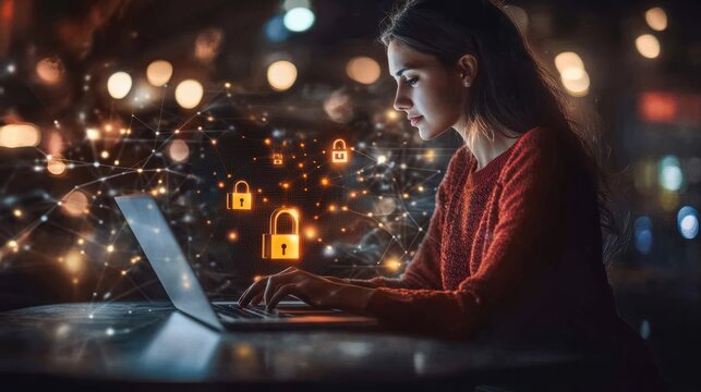 Cyber security network. Data protection concept. Businesswoman using laptop computer with digital padlock on internet technology networking with cloud computing and data management, cybersecurity
