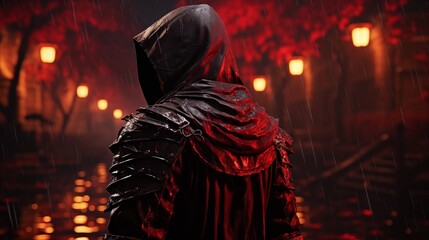 Epic samurai wallpaper from behind looking slightly to the right, face covered in the hood