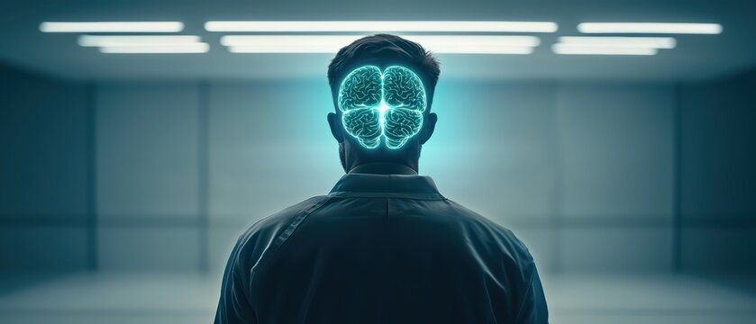 A person with a glowing brain illustration, standing in a futuristic space, representing cognitive capabilities and innovation.