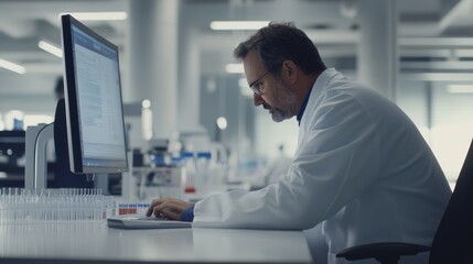 A dedicated male scientist in a white lab coat leans forward, analyzing data on a large screen in a cutting-edge research facility. Test tubes and equipment can be seen in the background