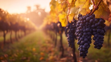 Rows of grapevines are heavy with dark purple clusters, surrounded by golden leaves on the ground, creating a tranquil vineyard experience in the morning mist