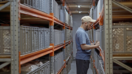 Man worker putting plastic box on the shelf at the factory warehouse. Media. Industrial background with goods on shelves.