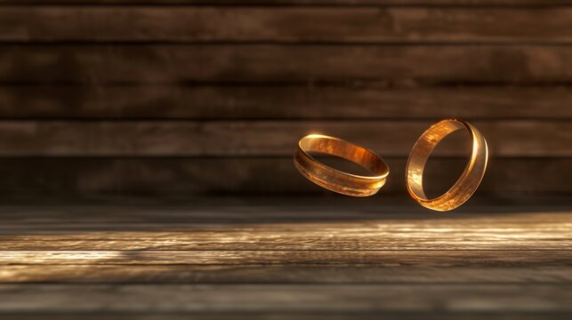 A pair of floating gold wedding rings hovering above a textured wooden surface, illuminated by soft, natural light. The image conveys the themes of love, unity, and lifelong commitment with an