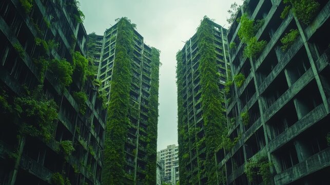 Abandoned futuristic city overgrown building composition background 