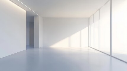 Fototapeta premium Minimalistic 3D room with white walls, floor and corner space. Blank hall design in empty apartment. Abstract backdrop for exhibition, presentation or gallery.