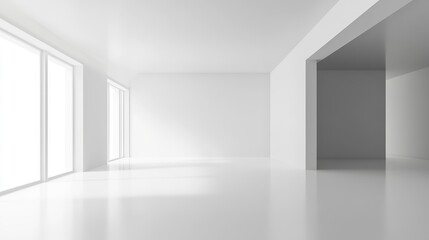 Fototapeta premium Minimalistic 3D room with white walls, floor and corner space. Blank hall design in empty apartment. Abstract backdrop for exhibition, presentation or gallery.