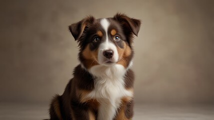 A cute Australian Shepherd puppy with brown and white fur, looking directly at the camera with big blue eyes, sitting on a neutral background.