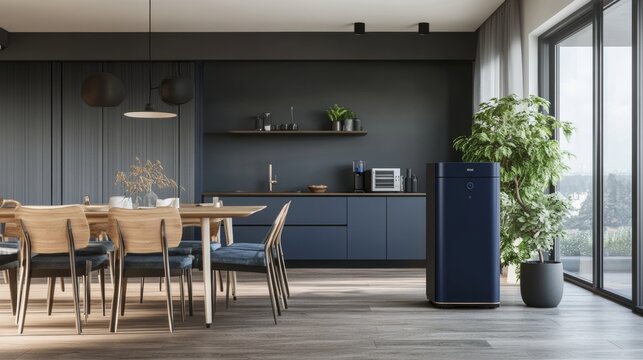 Modern air purifier in a dining room with a wooden table, chairs, and dark blue counter cabinet, providing fresh clean air for healthcare and health technology.