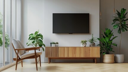 Modern home interior features an armchair, wood cabinet, and wall-mounted TV.