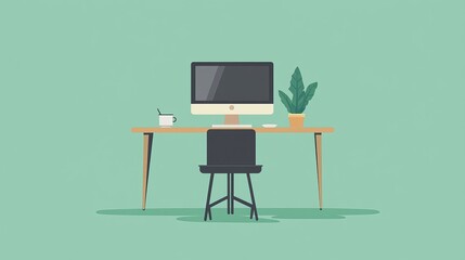 Modern home office workspace with a computer, table, plant, chair, and cup on an isolated green background. Suitable for remote work, freelancing, or teaching. Flat cartoon style vector illustration.