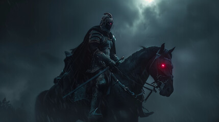 Fototapeta premium Dark knight in full armor riding a black horse with glowing red eyes, holding a sword, set against a stormy night sky, exuding mystery and power