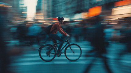 Bicyclist riding through a crowd of passersby on a city street.