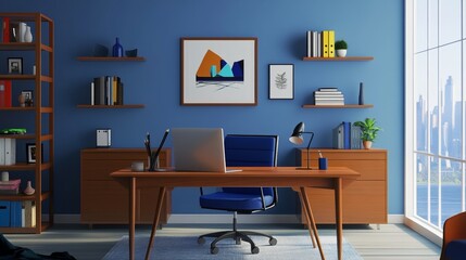 Naklejka premium Modern home office workspace with blue and white accents, featuring a comfortable desk chair and a spacious desk. The pale background creates a serene and minimalist atmosphere.