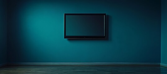 A flat-screen television on a plain wall, with space for product information below