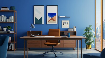 Fototapeta premium Modern home office workspace with blue and white accents, featuring a comfortable desk chair and a spacious desk. The pale background creates a serene and minimalist atmosphere.