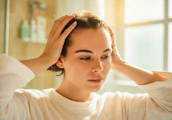 Fototapeta premium Young woman is giving herself a relaxing scalp massage in the warm sunlight of her bathroom