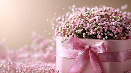 Obraz premium A pink box adorned with a pink ribbon and filled with miniature pink flowers