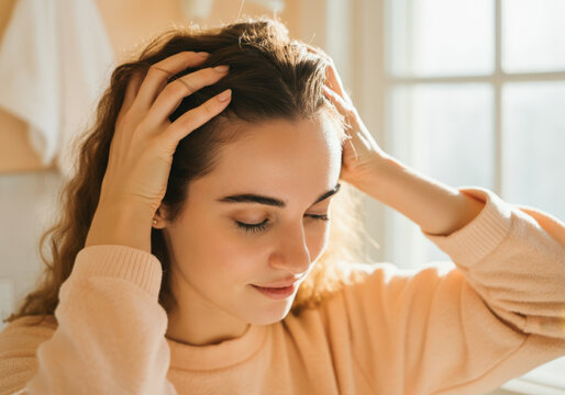 Young woman is gently massaging her scalp with her fingertips, promoting hair growth and relaxation