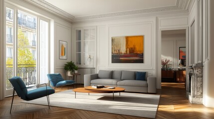 Fototapeta premium Modern living room boasts a parquet floor, light gray sofa, and blue armchair, complemented by a warm wooden coffee table.