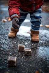 a child plays with a ball on the asphalt close-up. Selective focus