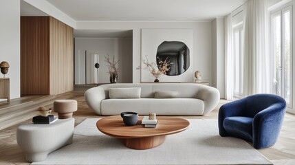 Modern living room boasts a parquet floor, light gray sofa, and blue armchair, complemented by a warm wooden coffee table.