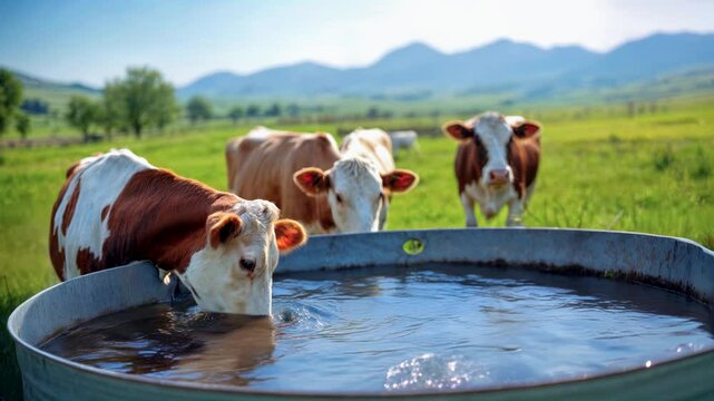 Cows enjoying refreshment at a water trough in a sunny green pasture near the mountains in summer