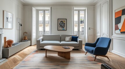 Fototapeta premium Modern living room boasts a parquet floor, light gray sofa, and blue armchair, complemented by a warm wooden coffee table.