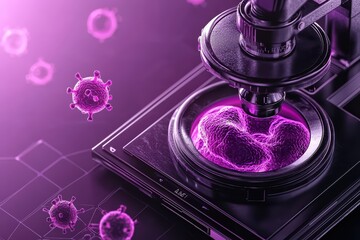 Fototapeta premium Microscope examining virus cells in vibrant purple tones, showcasing cutting-edge scientific research and technology.