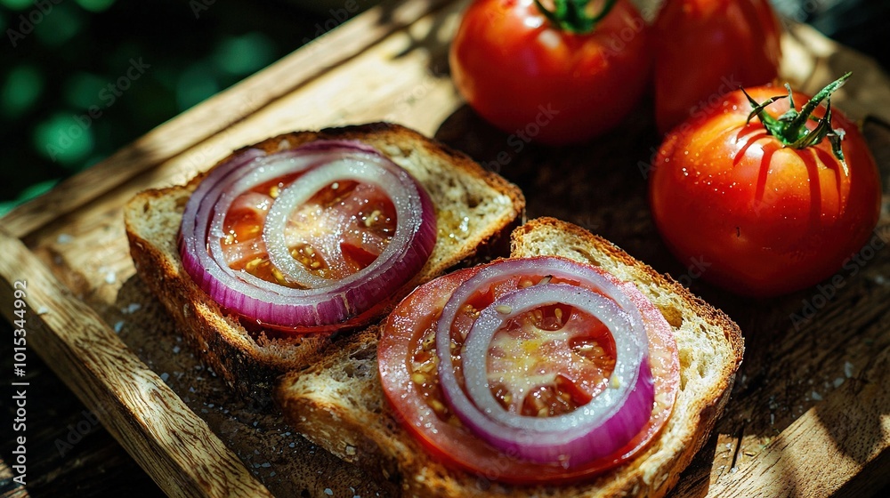 Sticker   A wooden cutting board topped with two slices of bread, covered in red onions and juicy tomato slices