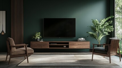 Modern living room interior with stylish wood TV stand and dark green wall.