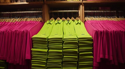   A spacious room adorned with a plethora of pastel-colored sheets of paper surrounding an array of vibrant yellow and pink shirts on the adjacent bookshelf