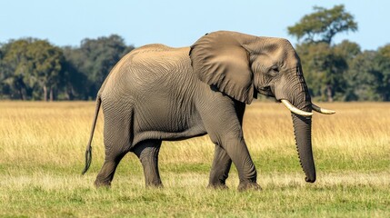 Obraz premium Big African elephant walking on savanna composition background 