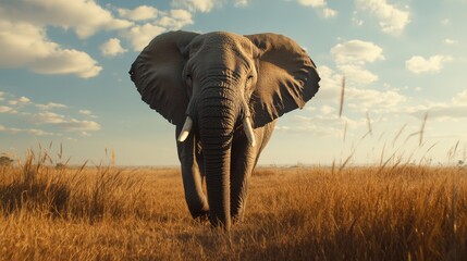 Obraz premium Big African elephant walking on savanna composition background 