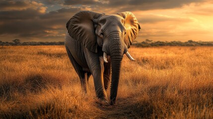Obraz premium Big African elephant walking on savanna composition background 