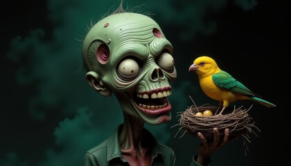 Goofy zombie head with bird nesting on exposed brain, on black background with glowing green mist.