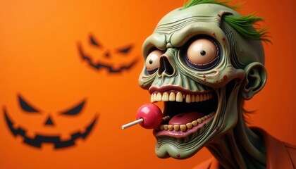 Obraz premium Goofy one-eyed zombie head laughing with lollipop stuck to face, on orange background with jack-o’-lanterns.