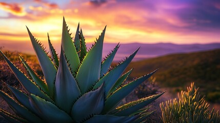 A vibrant agave plant at sunset in nature.