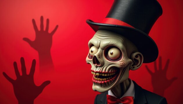 Zombie head with a droopy grin and tiny top hat, on red background with floating ghostly hands and spooky eyes.