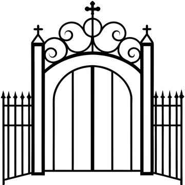 recommend clip art: Open Wrought-Iron Cemetery Gate Silhouette Line Art Vector