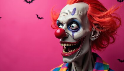 Zombie head with fake nose and clown wig, on pink background with Halloween bats and jack-o’-lanterns.