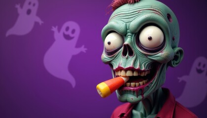 Goofy zombie head with bugged-out eyes and candy corn in mouth, on purple background with floating ghosts.