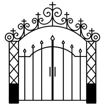 recommend clip art: Open Wrought-Iron Cemetery Gate Silhouette Line Art Vector
