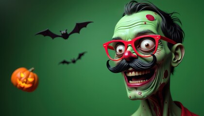 Obraz premium Zombie head with fake mustache and party glasses, on green background with Halloween pumpkins and bats.