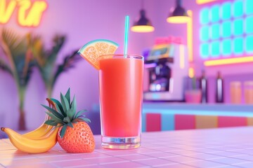 Fototapeta premium Vibrant smoothie with fruits, surrounded by colorful bar setting and neon lights.